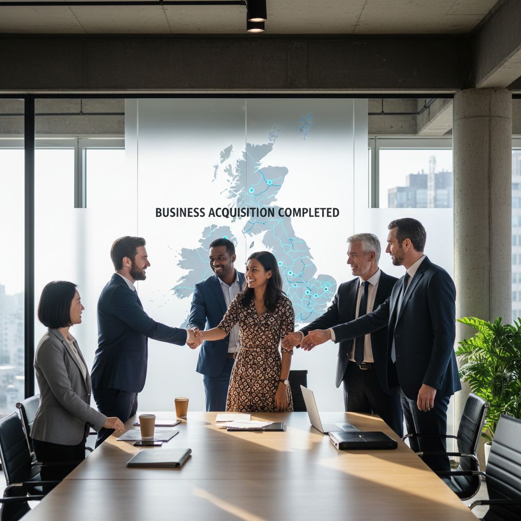 A diverse group of business professionals, some appearing to be expats, shaking hands in a modern office environment with a map of the UK subtly visible in the background, signifying a business acquisition.