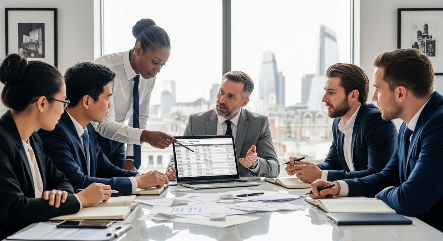 A professional, diverse group of expat business owners in London discussing financial documents with a UK tax advisor in a modern office setting. The scene is brightly lit, showcasing detailed paperwork and digital screens displaying tax figures, conveying trust and expertise.