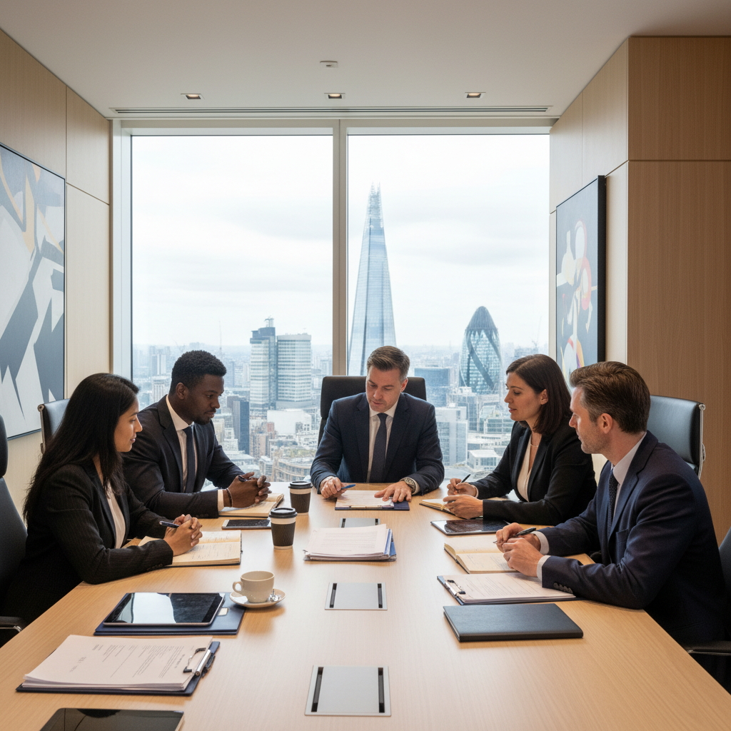 A diverse group of expat business owners, professionally dressed, meeting with a legal advisor in a modern, well-lit office in London, reviewing business documents and discussing legal strategies. The mood is collaborative and focused.