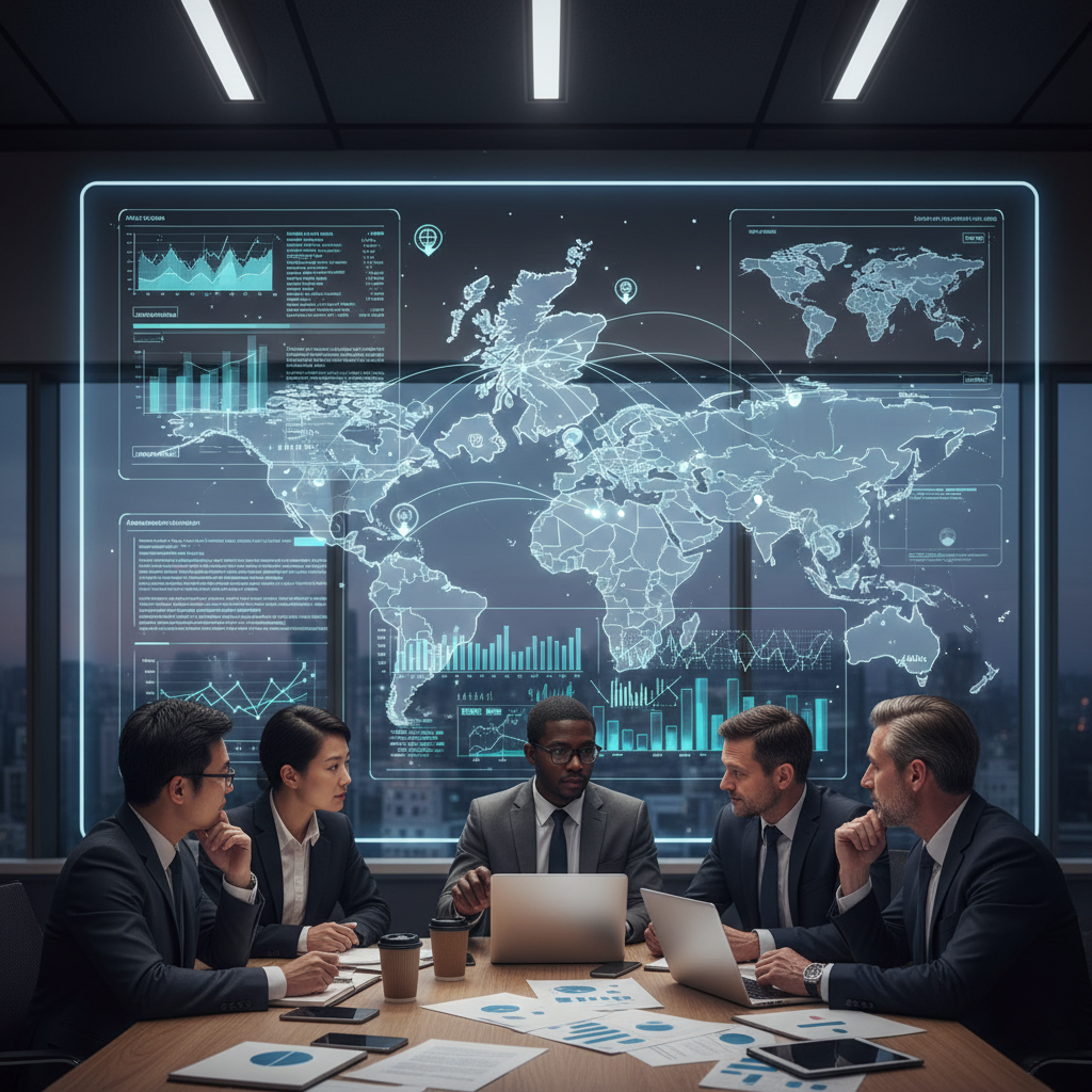 A diverse group of business professionals from different backgrounds collaboratively analyzing complex financial data and legal documents on a large digital screen, with maps of the UK and various international locations in the background, symbolizing global business planning. The scene should be professional, well-lit, and convey problem-solving and strategic thinking.
