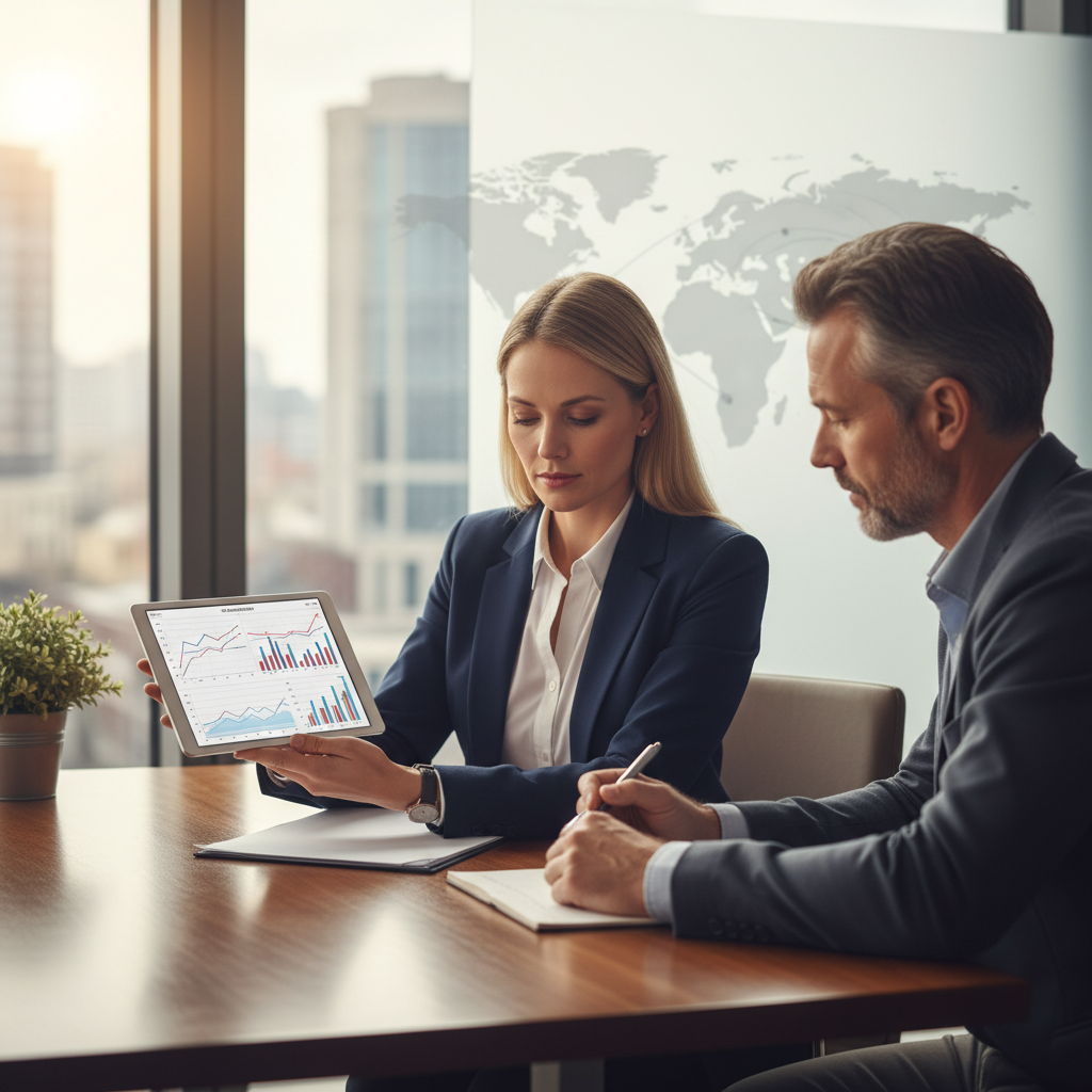 A professional financial advisor in a modern, sleek office setting, reviewing investment charts on a tablet with an expat client. The client, a middle-aged individual, is attentively listening, while a world map is subtly visible in the background, signifying international finance. The mood is serious and trustworthy, with natural light coming through a large window.