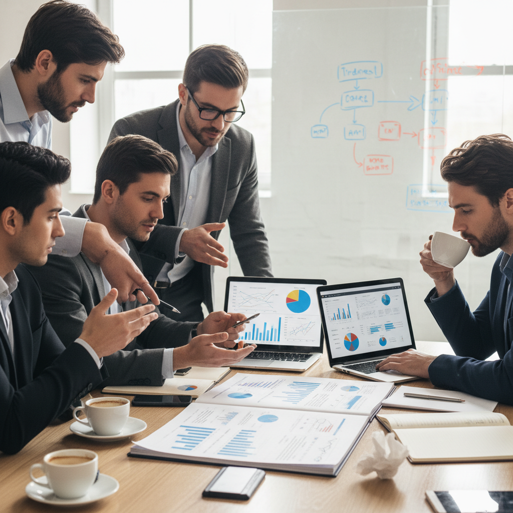 A professional close-up shot of a diverse group of entrepreneurs collaborating around a table, intensely discussing a complex business plan document. There are laptops, charts, and coffee cups on the table, reflecting a focused and innovative brainstorming session. The setting is a modern, bright office, with an emphasis on clarity and strategic thinking.