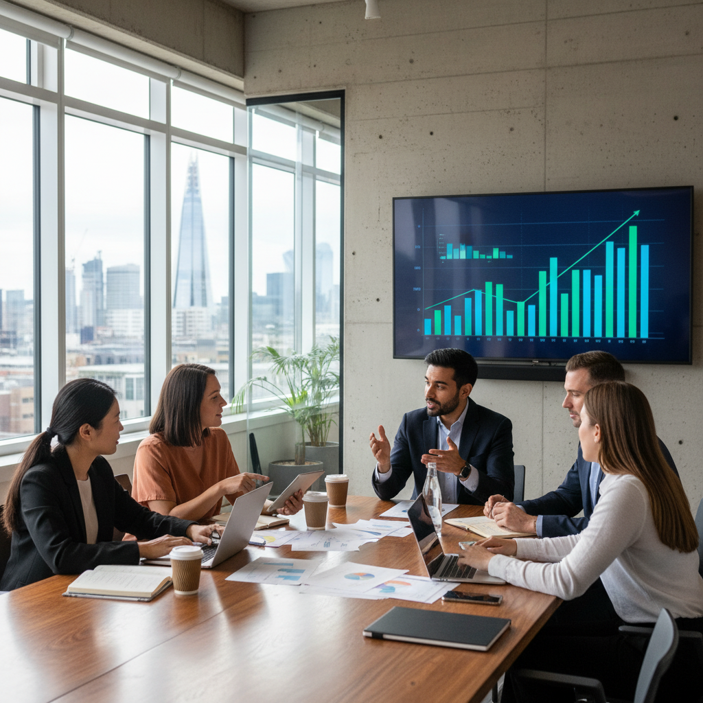 A diverse group of expat entrepreneurs in a modern, brightly lit co-working space in London, actively collaborating and discussing business plans, with digital graphs and charts on a large screen in the background. Photorealistic, professional atmosphere.