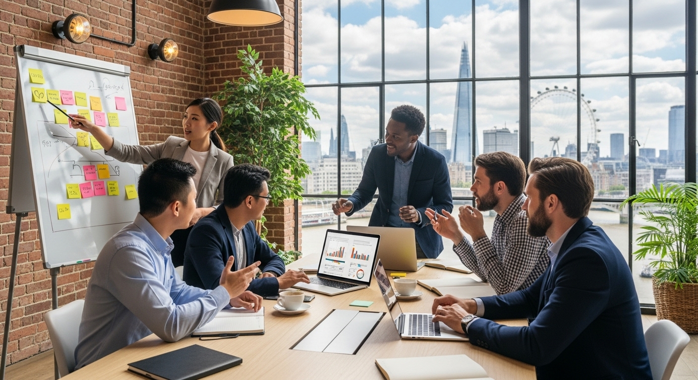 A diverse group of expat entrepreneurs from various backgrounds collaborating and brainstorming ideas in a modern, vibrant co-working space in London, with iconic UK landmarks subtly visible in the background through large windows. The scene should be professional, energetic, and convey innovation and global collaboration.