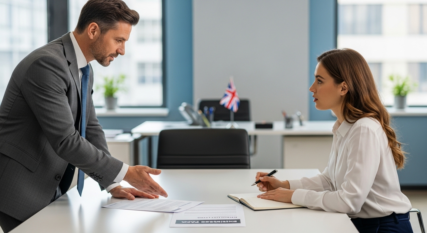 A detailed, photorealistic image of a professional consultant discussing a business plan with an aspiring entrepreneur, with a blurred background showing a modern office setting and the UK flag subtly visible.