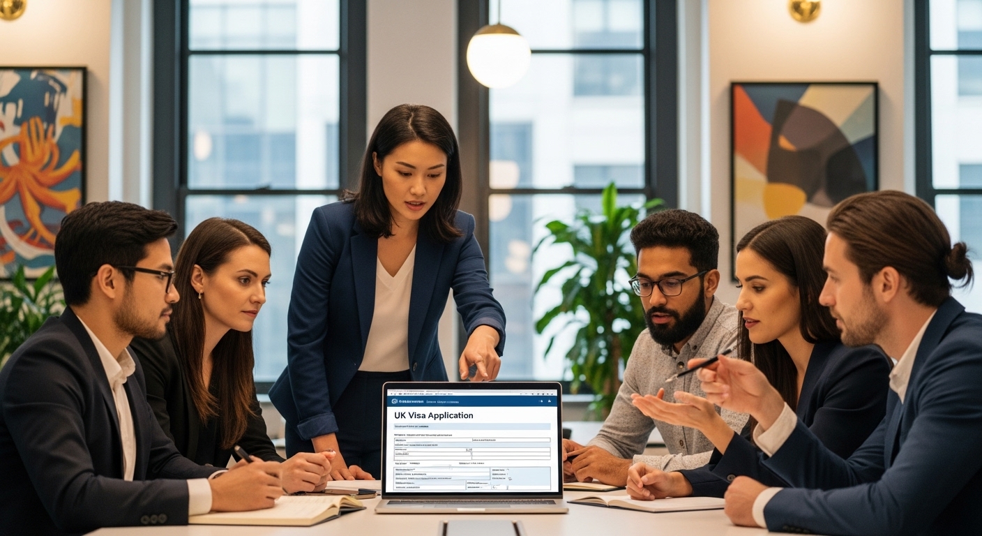 A diverse team of professionals in a modern office setting collaborating around a table, with one person pointing at a laptop screen displaying UK visa application forms. The atmosphere is professional and collaborative, emphasizing expert guidance.