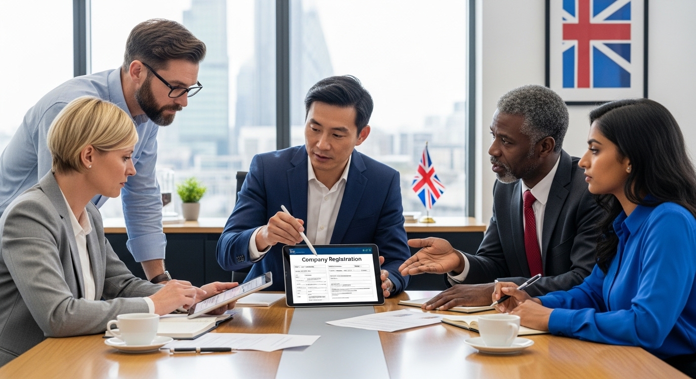 A detailed, photorealistic image of a diverse group of business professionals, including a non-UK national, collaboratively reviewing legal documents and digital company registration forms on a tablet in a modern, brightly lit office environment. There are UK flag subtle elements in the background, signifying business in the UK. The scene should convey professionalism, clarity, and expert guidance.