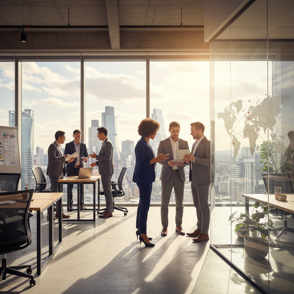 A diverse group of business professionals in smart-casual attire, some with laptops, smiling and conversing in a modern, sunlit office space overlooking a vibrant city skyline in the UK. One professional is gesturing towards a world map, while another is reviewing documents. The atmosphere is collaborative and professional, highlighting successful international business operations. Photorealistic, detailed.