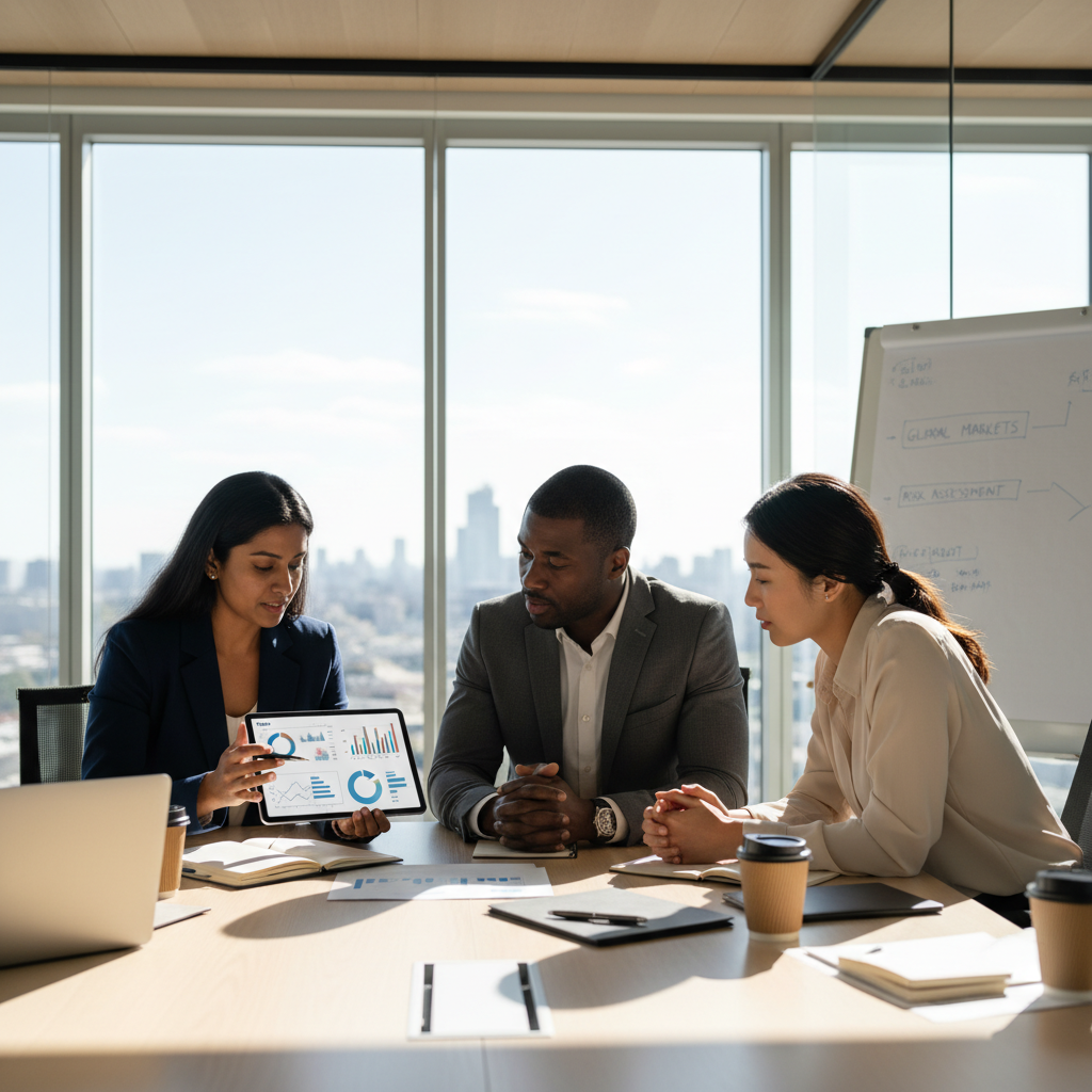 A diverse group of international business professionals, one presenting financial data on a tablet to two others in a modern, sunlit office. They are discussing the complexities of international banking with a focused and professional demeanor. The scene conveys collaboration and strategic planning.