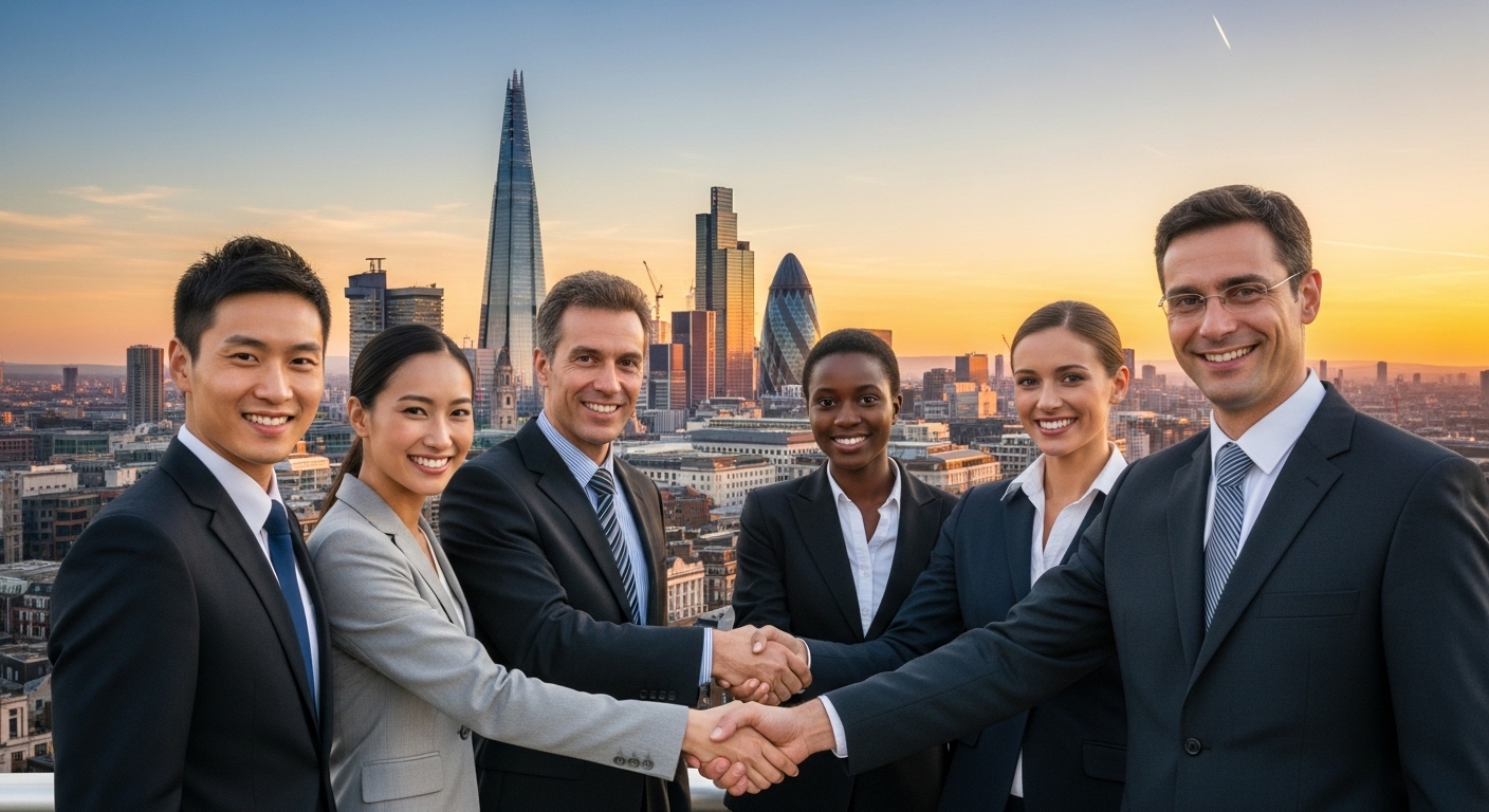 A diverse group of business professionals from different nationalities shaking hands in front of a modern London cityscape at sunset, symbolizing global collaboration and business establishment. The image should be photorealistic and high-resolution.