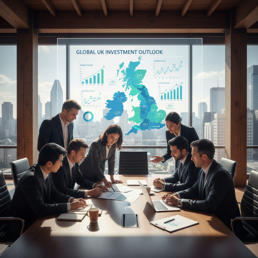A detailed, photorealistic image of diverse business professionals in a modern, light-filled conference room, intently reviewing a financial report. On a large, sleek digital display in the background, a complex infographic shows market trends and investment growth across various UK regions, overlaid with data points and upward-trending graphs. The scene conveys collaboration, strategic planning, and successful international investment within the UK business landscape.